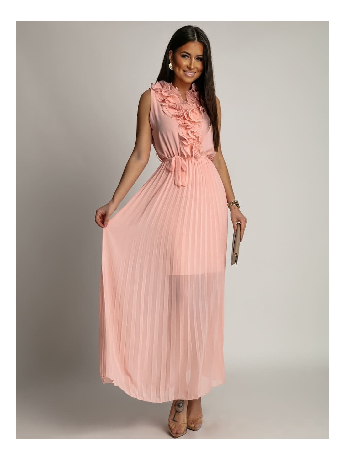 Pleated maxi dress with ruffle, light pink 18968